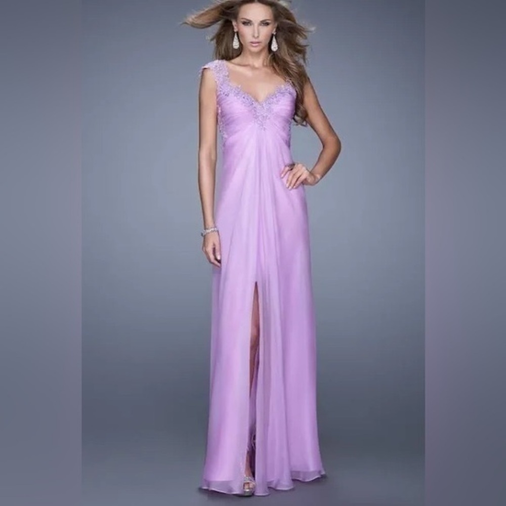 LA FEMME Purple long draped with embellished trim and slit gown
